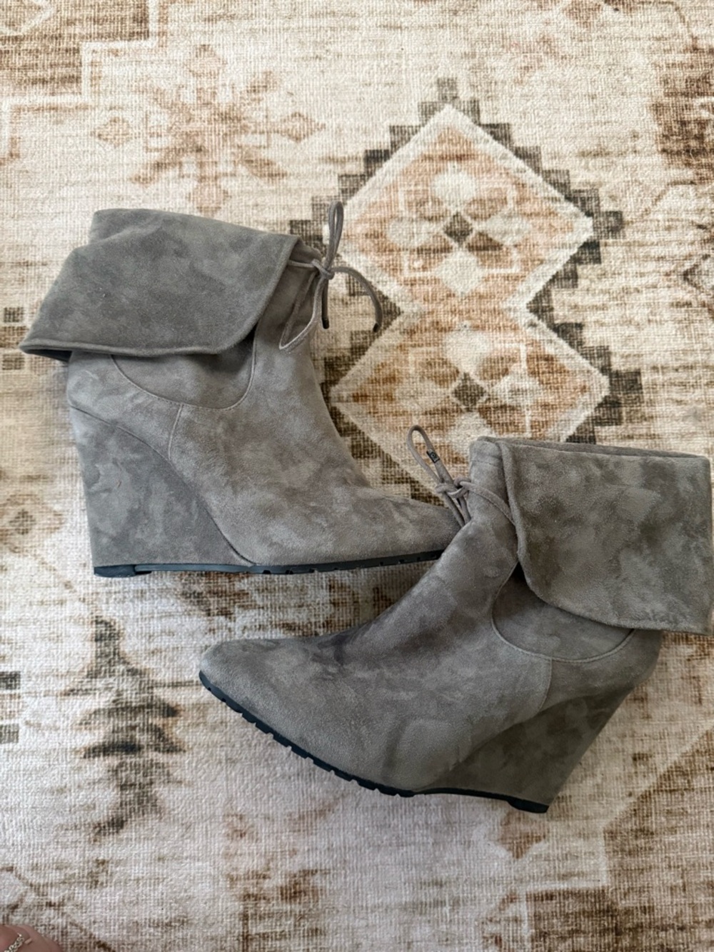 White House Black Market Taupe Fold-Over Suede Wedge Booties